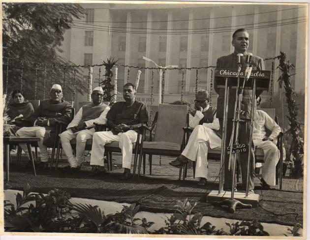 NDMC President Vidyaben speaking at an NDMC function attended by Umashankar Dixit, K C Pant and Manubhai Shah